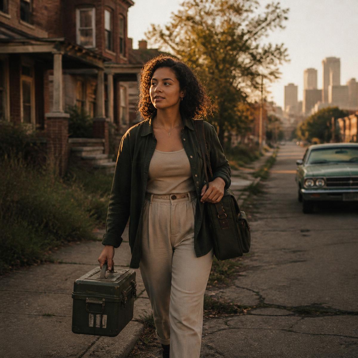 A helper with a toolbox walking a Detroit street at golden hour