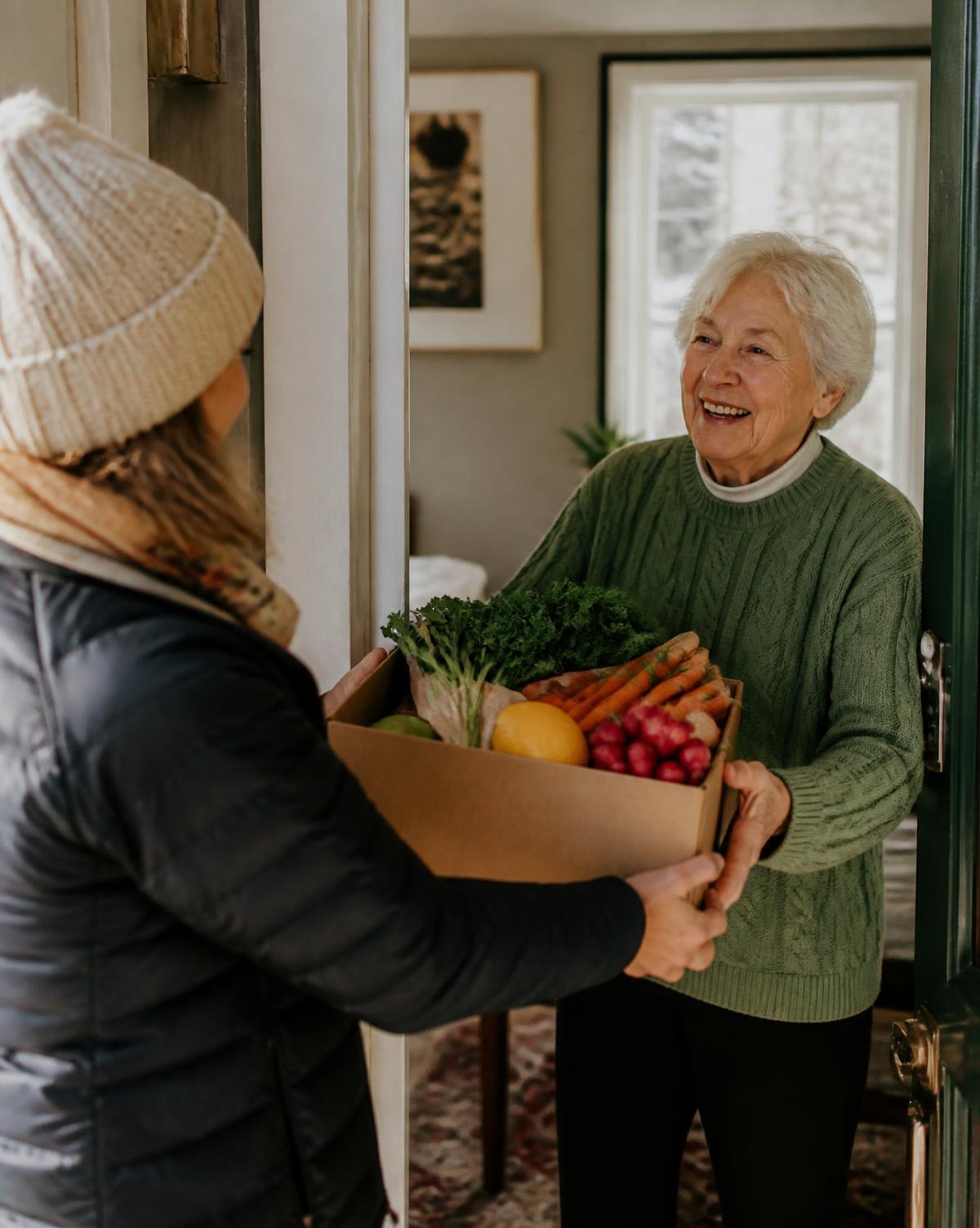 A neighbor delivering a box of fresh groceries to a smiling older woman at her door